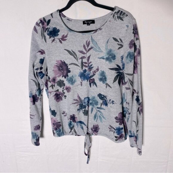 Lily Morgan Grey Purple Blue Floral Drawstring Hem Scoop Neck Light Sweater L - Picture 1 of 13